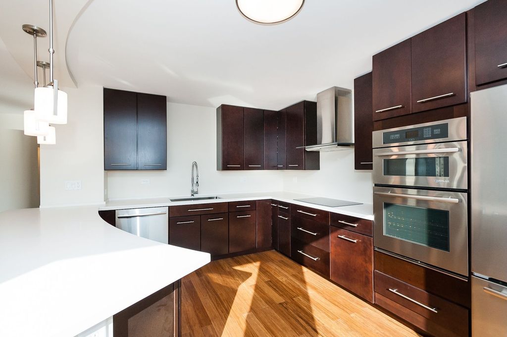 Contemporary Kitchen with Flush, flush light, Undermount sink, Built In Refrigerator, Eglo felice 1 light mini pendant