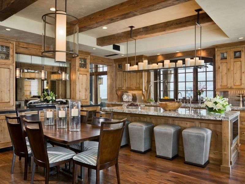 Kitchen with Trey ceiling, Exposed heavy timber beam, Restoration hardware - quentin pendant, Paint, Rustic luxury