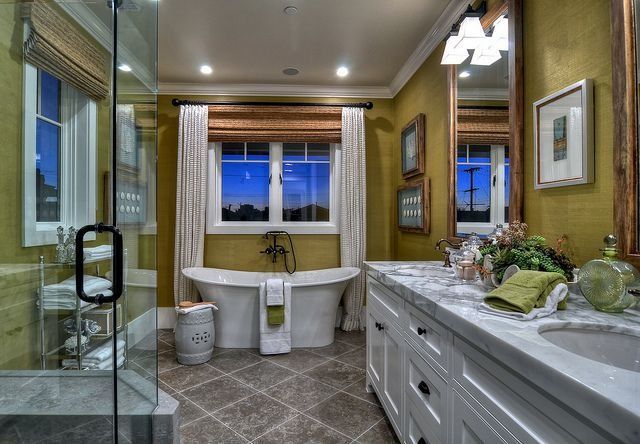 Traditional Master Bathroom with Paint 1, partial backsplash, Pental Nublado Polished Limestone, Master bathroom, Flush
