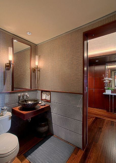 Modern Powder Room with Pental brazilian black slate, Powder room, Wall sconce, Magic 1-light wall light, Standard height