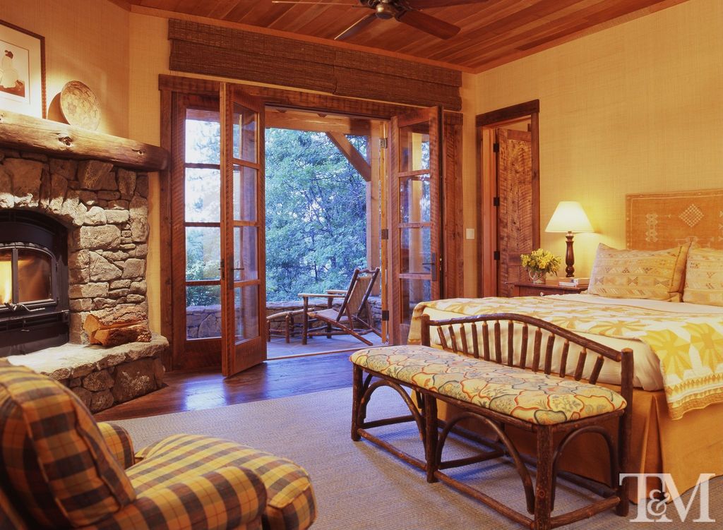 Country Master Bedroom with Stacked stone fireplace, 19TH C. FRENCH BALUSTER TABLE LAMP - WEATHERED ZINC WITH LINEN SHADE
