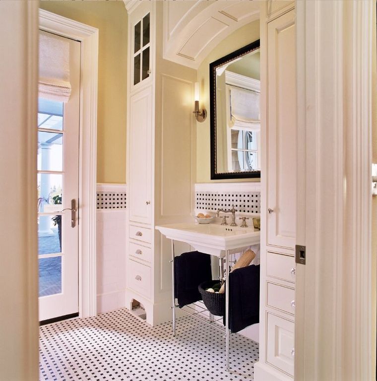 Traditional Powder Room with Wainscoting, Flat panel cabinets, Inset cabinets, ceramic tile floors, Roman shades, Powder room