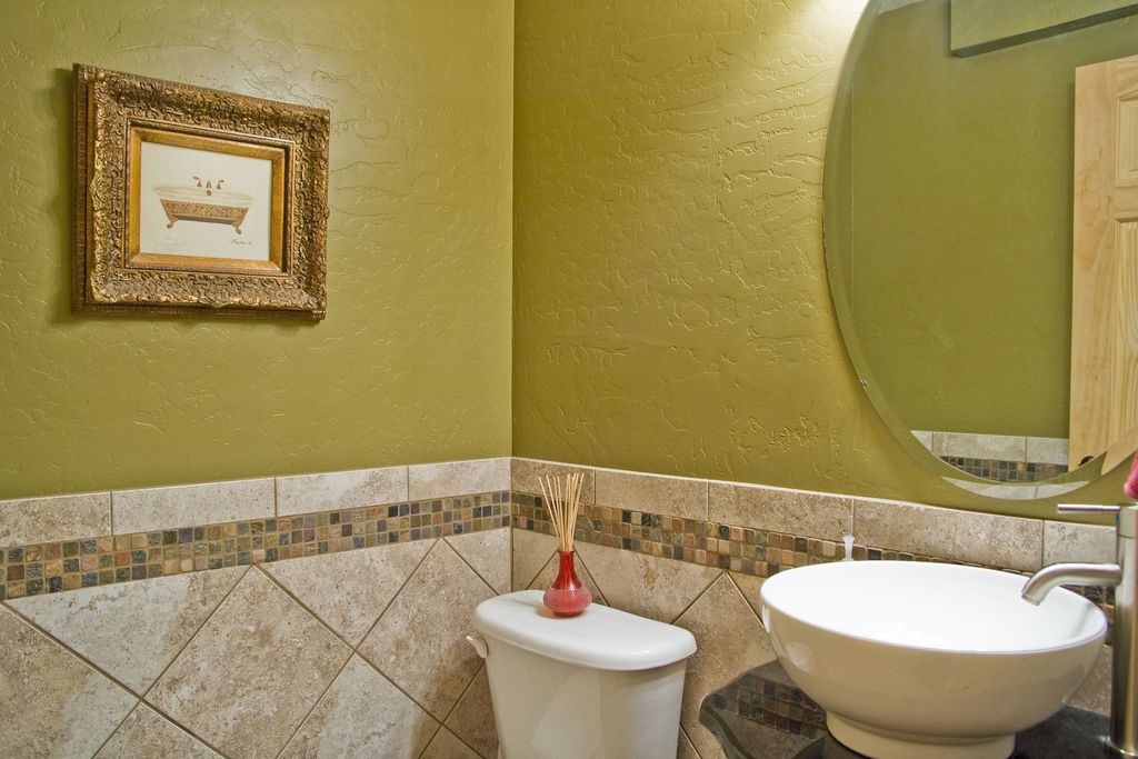 Modern Powder Room with Ms international mixed color 12 in. x 12 in. x 10 mm tumbled slate mesh-mounted mosaic tile, Paint 1
