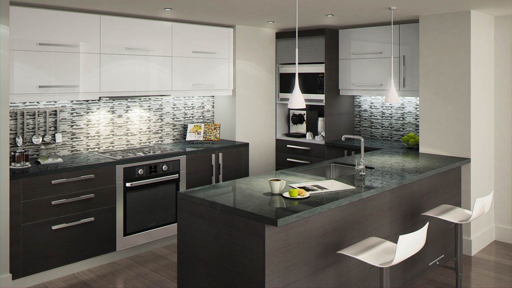 Modern Kitchen with built-in microwave, Breakfast bar, can lights, Glass Tile, Pendant light, L-shaped, full backsplash