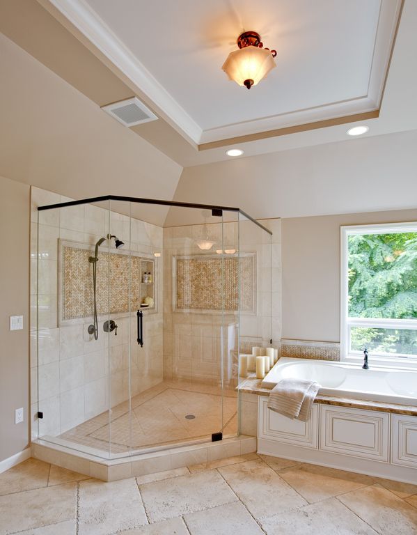Traditional Master Bathroom with flush light, Standard height, Paint, Concrete tile , Tray ceiling, Porcelain tile
