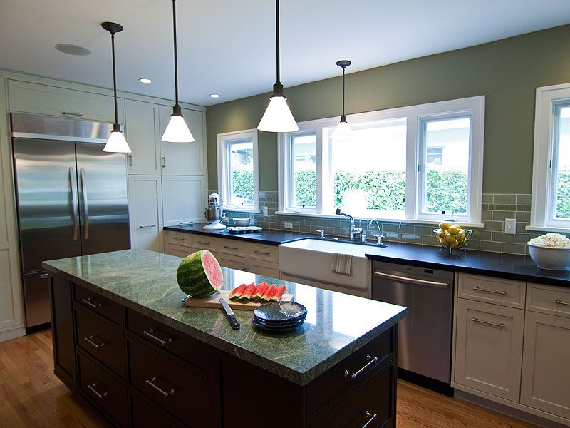 Traditional Kitchen with L-shaped, Pental costa esmeralda satin granite, Soapstone counters, Onyx counters, Pendant light