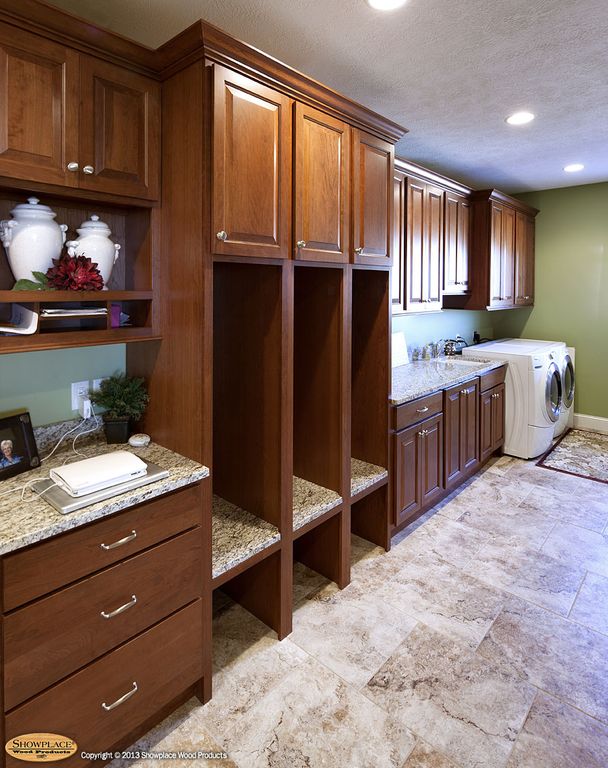 Traditional Mud Room with Stonemark granite 3 in. granite countertop sample in azul platino, Built-in bookshelf, can lights