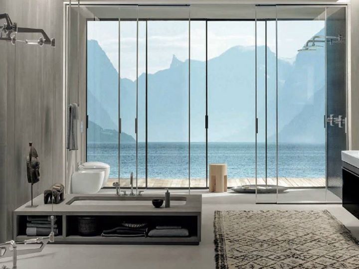 Modern Master Bathroom with Shower, Standard height, Master bathroom, Corian counters, picture window, Concrete floors