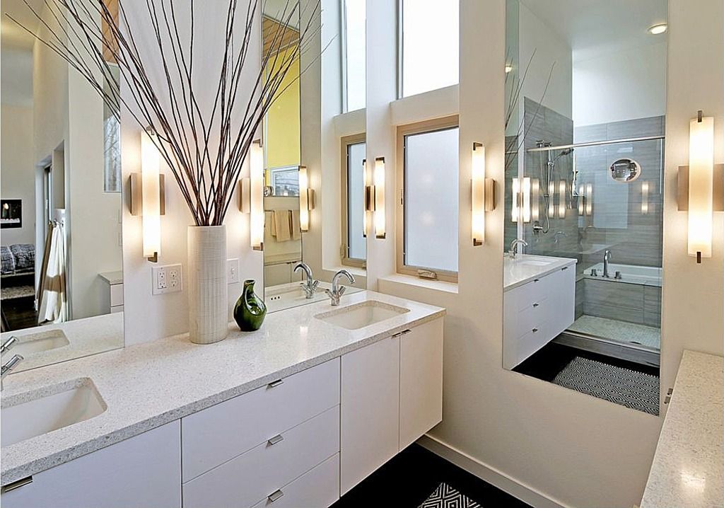 Contemporary Master Bathroom with European Cabinets, Kohler Park Falls Undercounter Sink, George Kovacs Bronze Bathroom Light