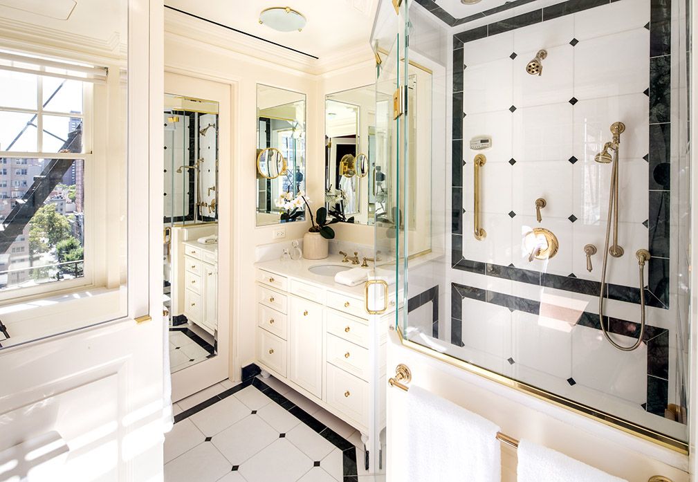 Traditional Master Bathroom with Undermount sink, Inset cabinets, Crown molding, Simple Marble, three quarter bath, Shower