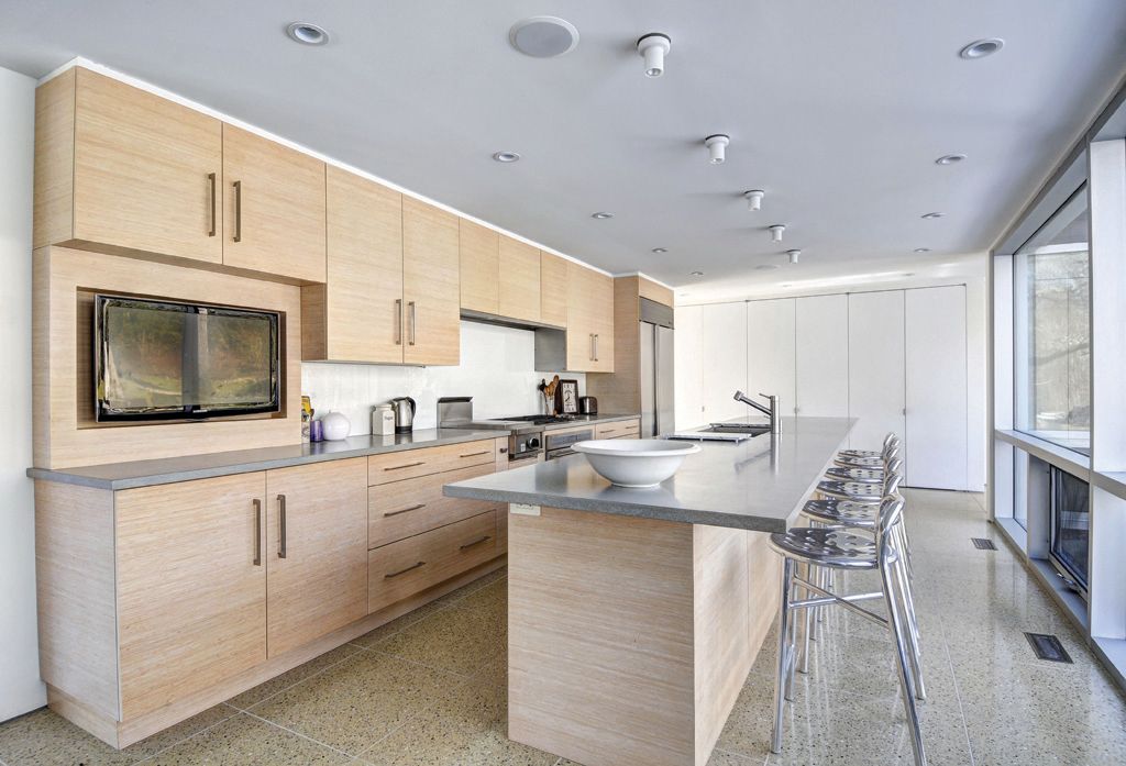 Contemporary Kitchen with picture window, Standard height, Paint 1, wall oven, Pental Quartz Avalon BQ8618, stone tile floors