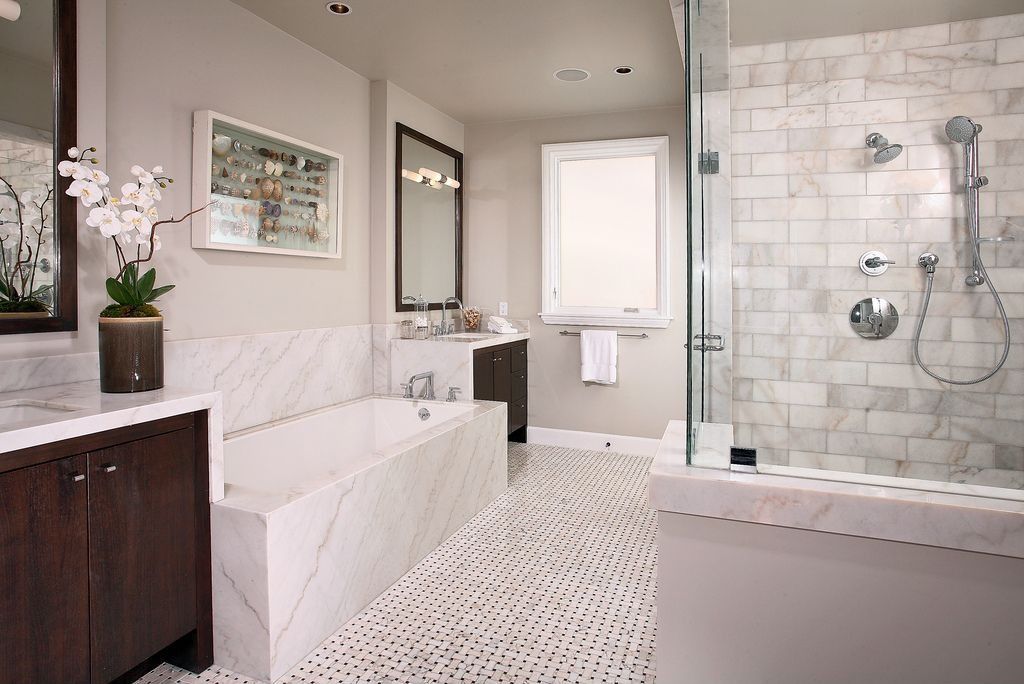 Contemporary Full Bathroom with frameless showerdoor, European Cabinets, Paint, Interlocking Pavers, Shower, Bathtub, Flush