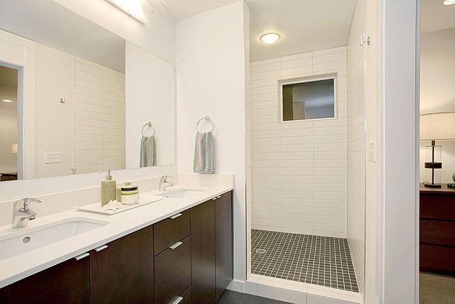 Contemporary 3/4 Bathroom with Arizona tile, DIAMOND WHITE, Quartz, flush light, partial backsplash, Double sink, Paint