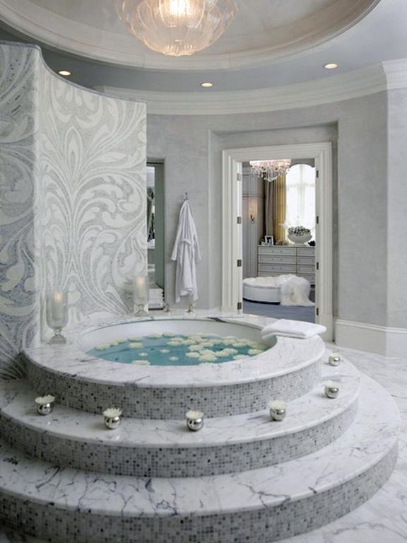Traditional Master Bathroom with Wall Tiles, Master bathroom, drop in bathtub, stone tile floors, Bathtub, Crown molding