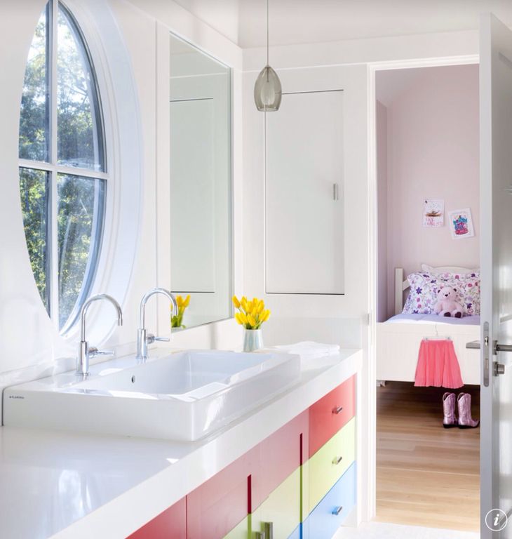 Contemporary Kids Bathroom with Kids bathroom, Flush, Vessel sink, European Cabinets, Built-in bookshelf, specialty door