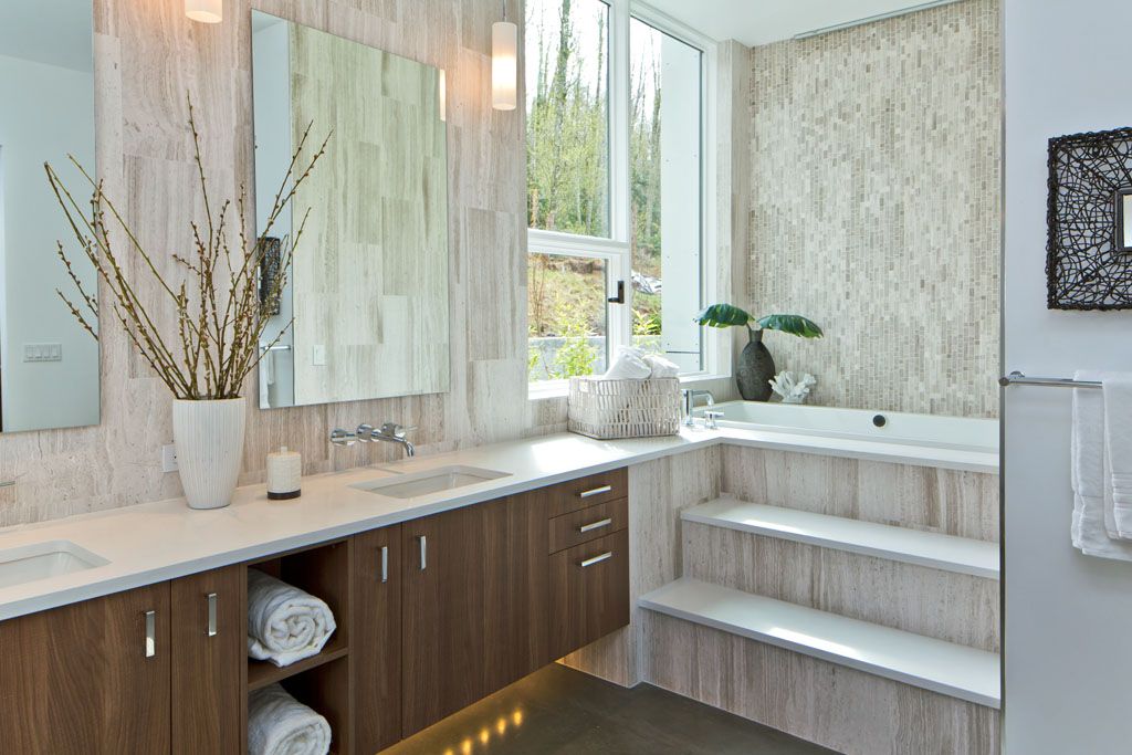 Modern Master Bathroom with Wall Tiles, Master bathroom, Casement, Concrete floors, Undermount sink, Paint 1, Emser Action