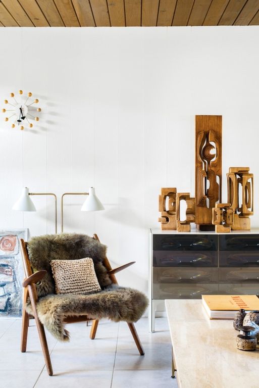 Modern Living Room with Made Cohen Double Floor Lamp, Sawbench Easy Chair by Hans J. Wegner, sandstone tile floors