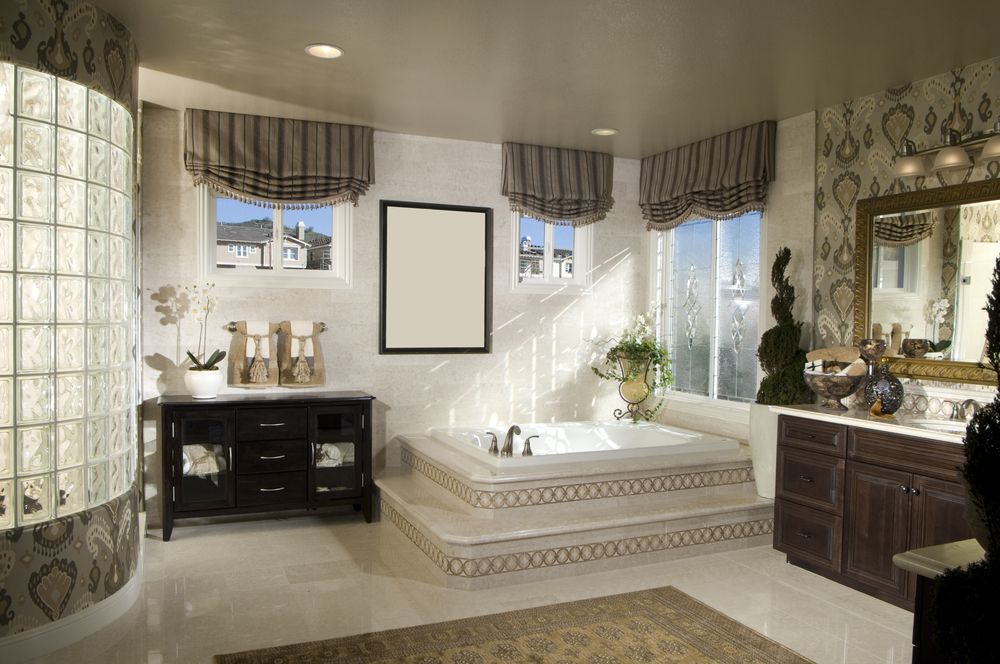 Traditional Master Bathroom with Wall Tiles, interior wallpaper, picture window, Ceramic Tile, Paint 1, drop in bathtub