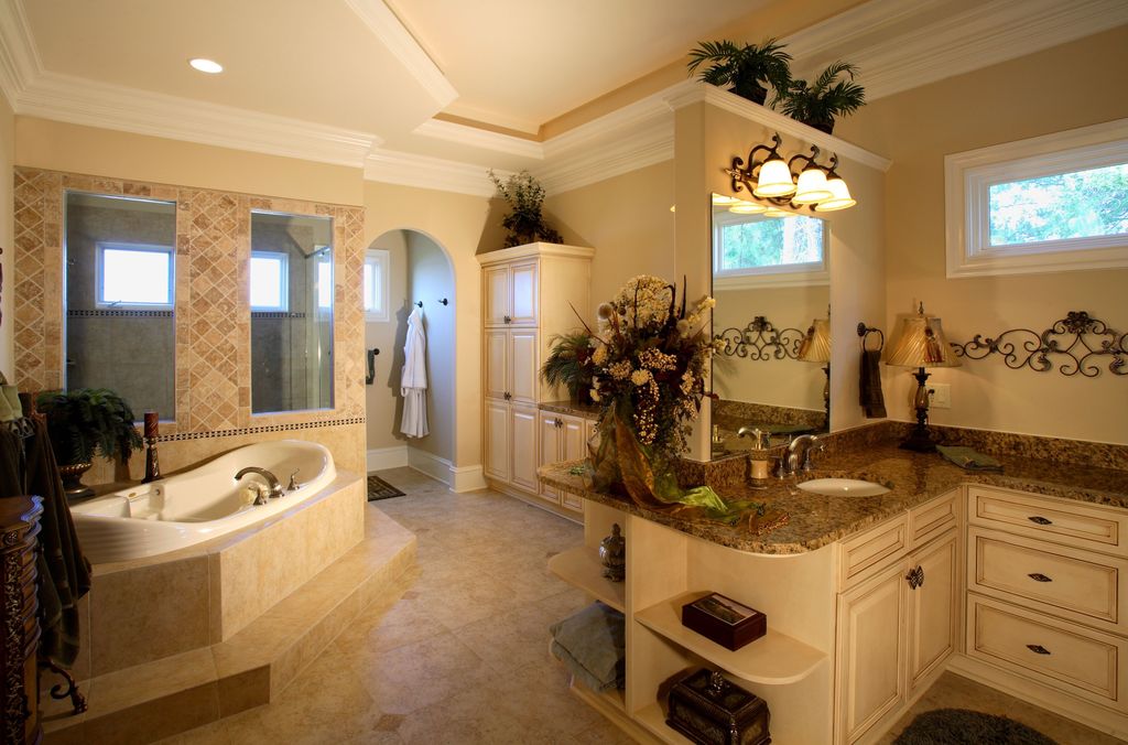 Traditional Master Bathroom with Bathtub, Complex Granite, Undermount sink, drop in bathtub, Standard height, Shower, Flush