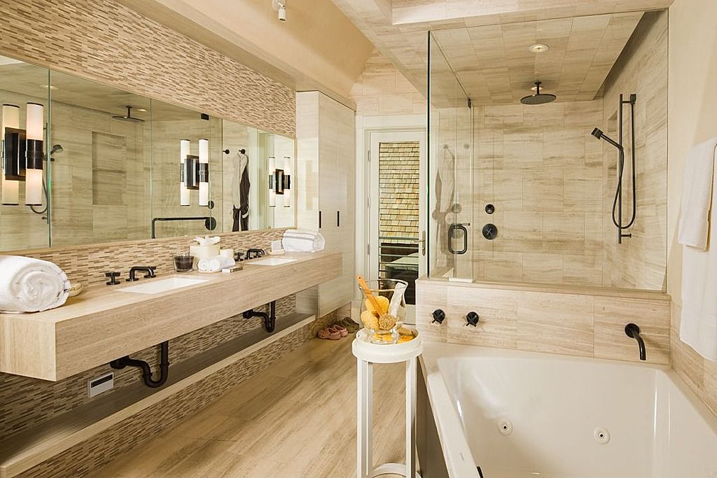 Contemporary Master Bathroom with Rain shower, Ceramic Tile, Bathtub, Master bathroom, full backsplash, Double sink, Skylight