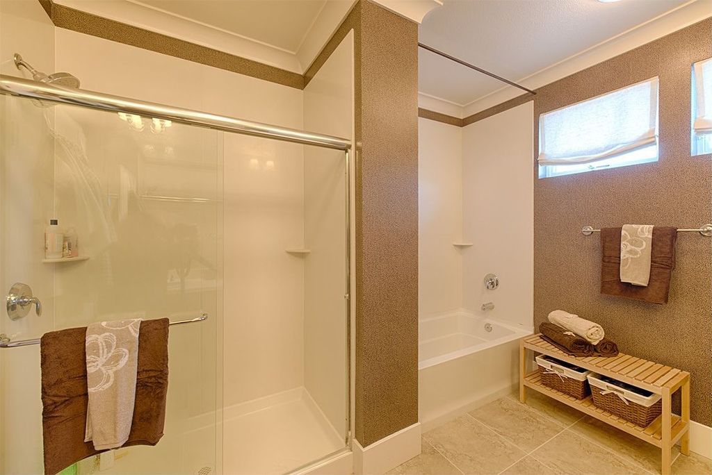 Contemporary Full Bathroom with can lights, Shower, Crown molding, Casement, Standard height, stone tile floors, Full Bath