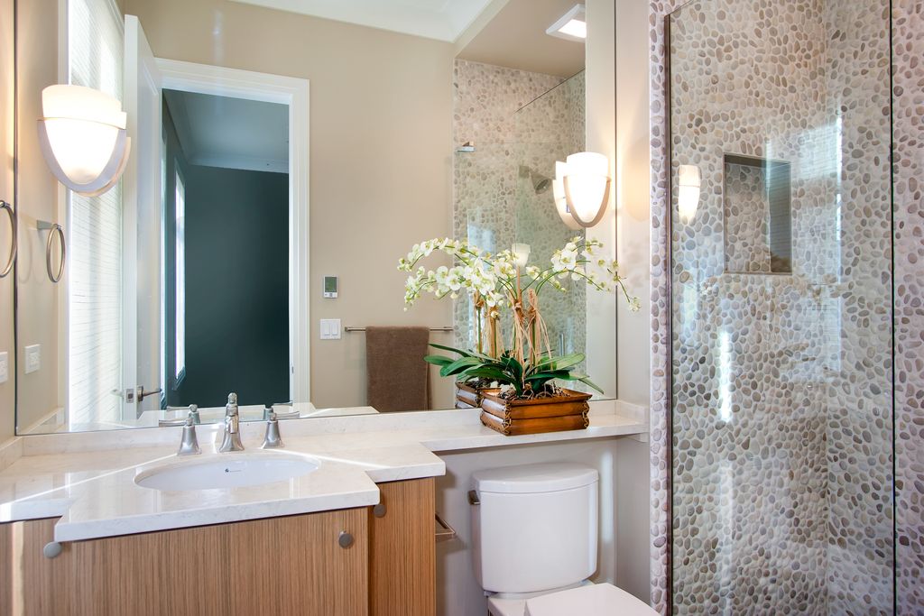 Contemporary 3/4 Bathroom with Choose Frameless Pivot Hinge Shower Door Configurations, Simple marble counters, flat door