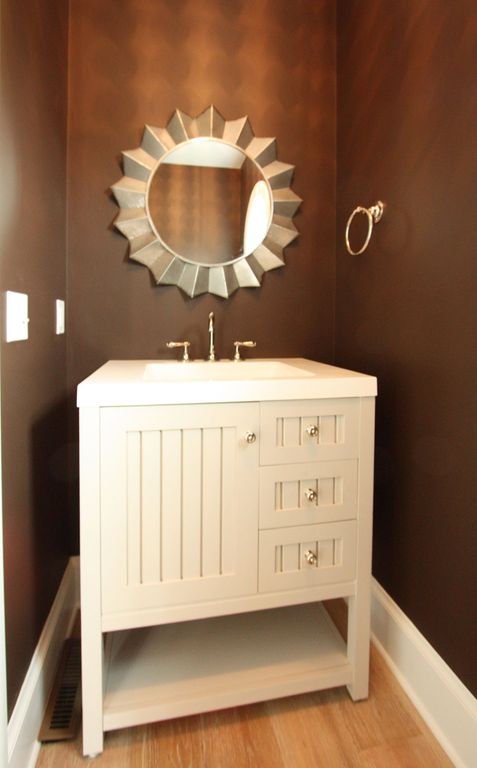 Cottage Powder Room with High ceiling, Powder room, Undermount sink, Paint 2, Corian counters, Flush, Paint 1, Bamboo floors