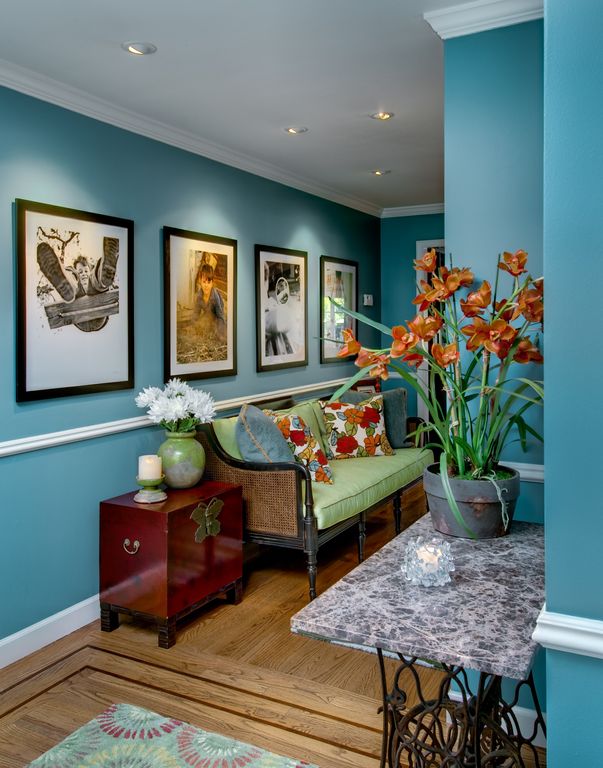 Traditional Entryway with Chair rail, Wine rack console table with verde maranace granite top, Hardwood floors, Paint 1