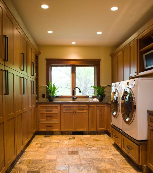 Craftsman Laundry Room with The Tile Shop Scabos Honed Filled Large Versailles Pattern 16 SF, Built-in bookshelf