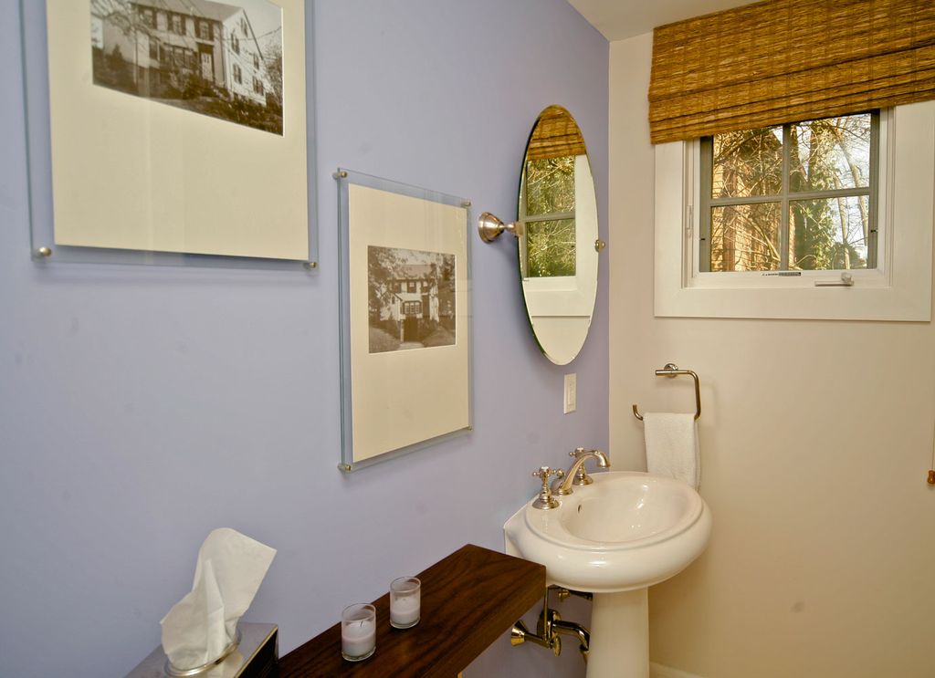 Contemporary Powder Room with Pedestal sink, Standard height, Powder room, Casement, Wood counters
