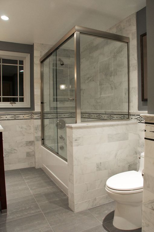 Contemporary Full Bathroom with shower bath combo, Wall Tiles, Full Bath, Shower, Casement, Standard height, can lights