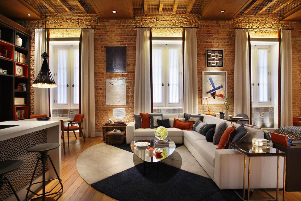 Contemporary Great Room with Casement, Hardwood floors, can lights, interior brick, Rechnitz Distressed Grey Wood Snack Table