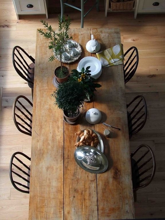 Eclectic Dining Room with Hardwood floor, Windsor chair, Wide plank reclaimed dining table, Gilbert side chair ethan allen