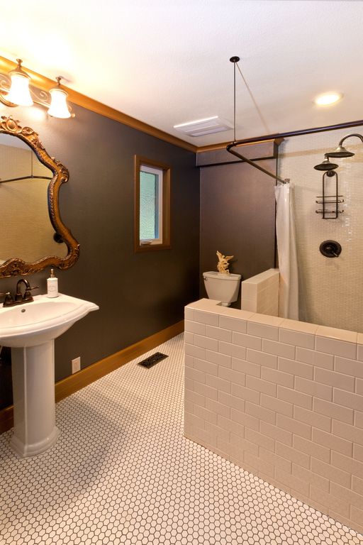 Traditional 3/4 Bathroom with can lights, Casement, penny tile floors, Standard height, Pedestal sink, Shower, Rain shower