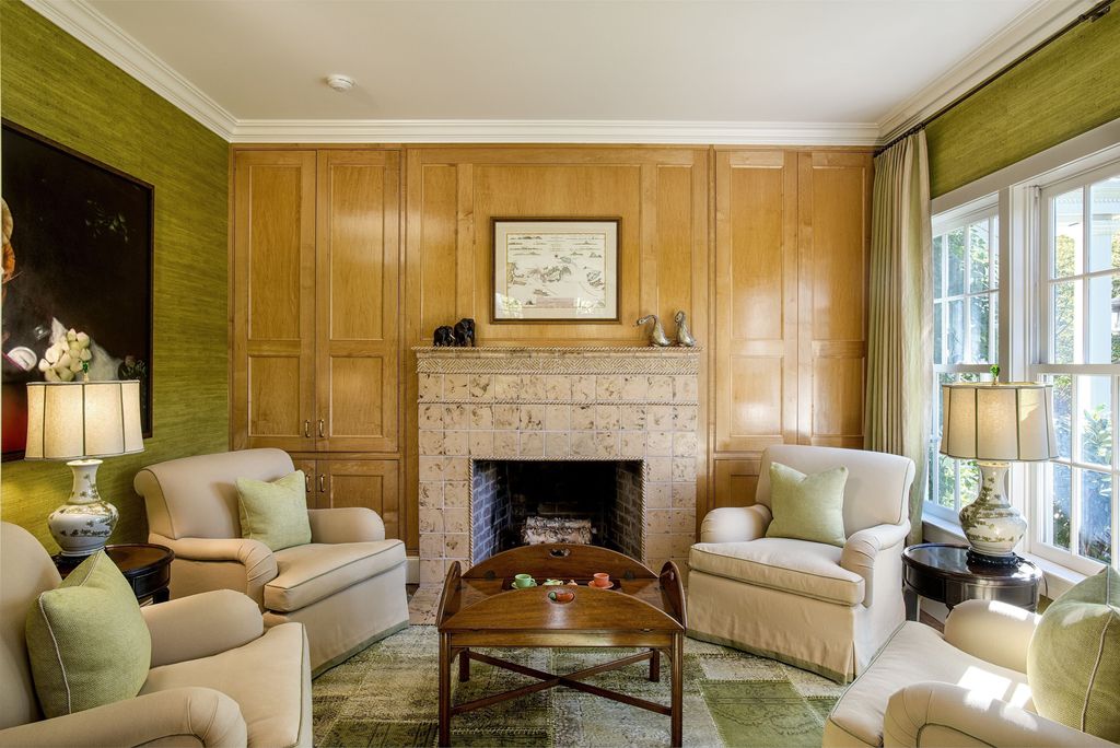 Traditional Living Room with Carpet, Fireplace, stone fireplace, can lights, Standard height, double-hung window