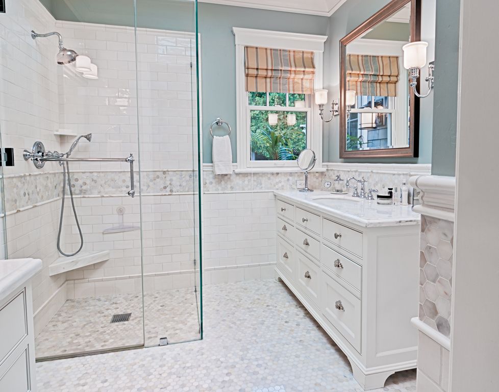 Traditional Master Bathroom with Master bathroom, frameless showerdoor, partial backsplash, Complex marble counters, Paint