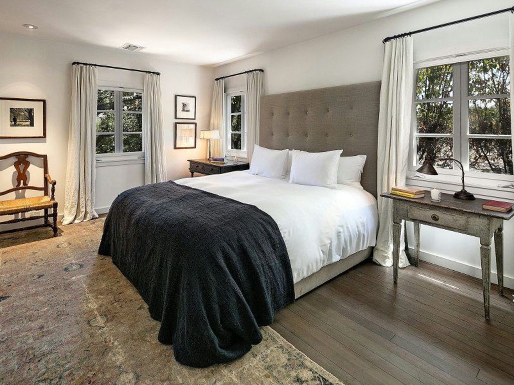 Traditional Master Bedroom with Grid Tufted Headboard - 56" King, Linen Weave, Natural, Paint 1, Hardwood floors, can lights