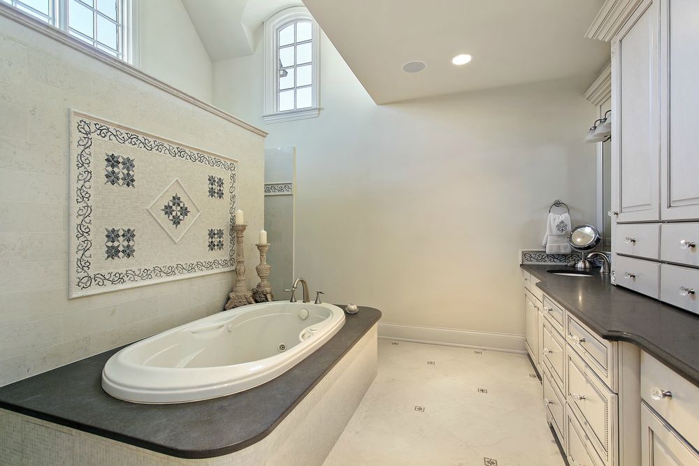 Traditional Master Bathroom with Shower, drop in bathtub, Ceramic Tile, Raised panel, Bathtub, full backsplash, Flush