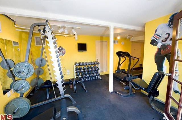 Modern Home Gym with Exposed beam, Paint 1, CAP Barbell 150 lb. Hex Dumbbell Set with Rack, Pendant light, Standard height