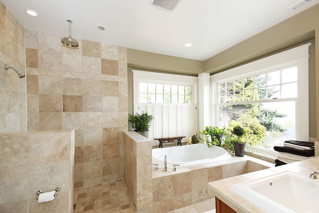Modern Master Bathroom with can lights, Master bathroom, Bathtub, soapstone tile counters, double-hung window, drop-in sink